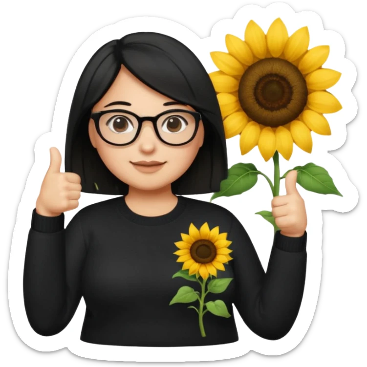 Make my biology teacher shes light brown, wears glasses, female, fat, all black sweater down and sunflower shirt under and make her give 1 thumbs up and she has black hair and chubby sticker
