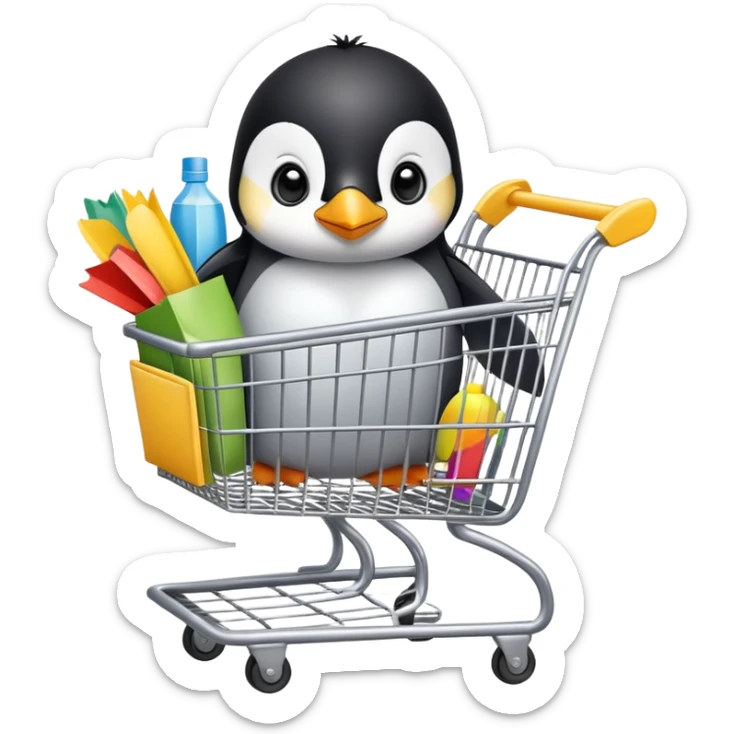 cute baby penguin sitting in a shopping cart filled with shopping items and colorful shopping bags sticker