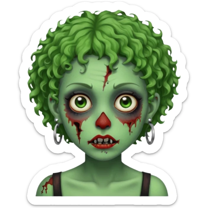 faça uma cabeça verde de zumbi femenina, com im cabelo curtinho cacheado, piercing no nariz, e brincos na orelha e várias cicatrizes, deixe ela macabra sticker