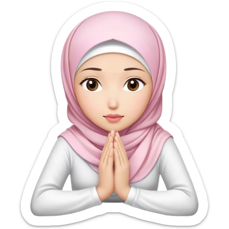A white Asian woman, white hijab women are listening with her hands folded on the table. her lips is pink. her outfit & hijab color is white sticker