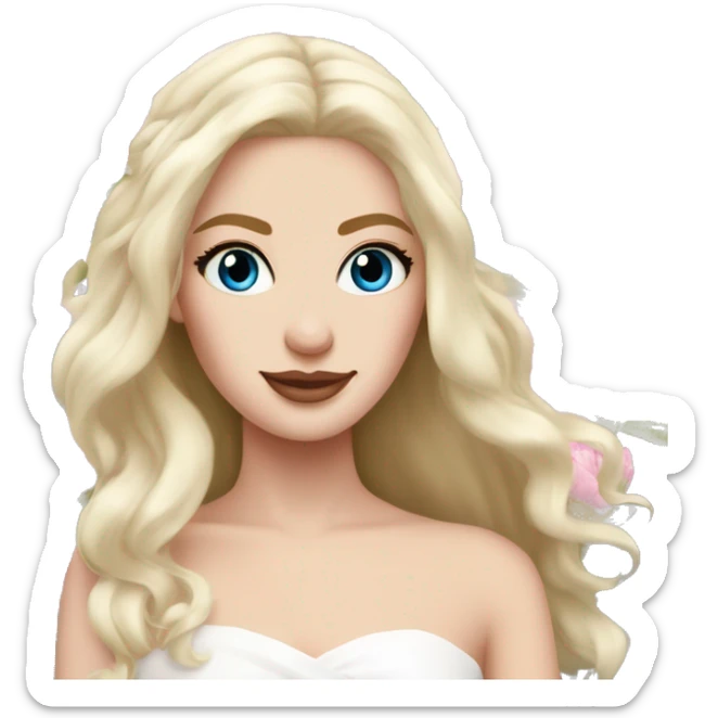 White bride with long light blonde hair and blue eyes with light pink peonies in hair white skin  sticker