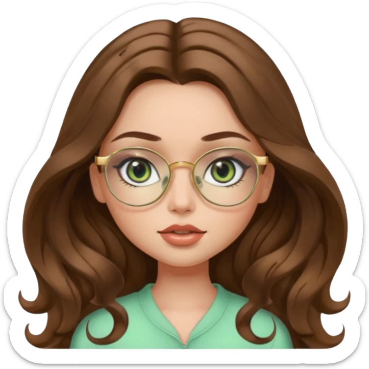 pretty bratz girl, long wavy brown hair, pale green eyes, black eyeliner, gold glasses sticker