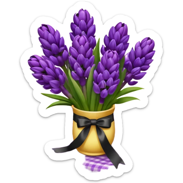 A lush bouquet of bright prple color Hyacinths black satin ribbon, resting on an antique wooden table, with a pale yellow and pink plaid pattern table cloth sticker