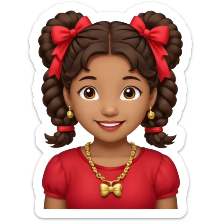 Brownskin girl dark brown hair fluffy. pigtails with red bows brown eyes smiling closed mouth red shirt gold esrrings gold necklace sticker