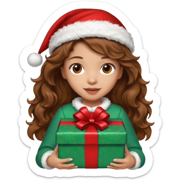 a girl with wavy brown hair wearing a christmas clothes and holding a gift sticker