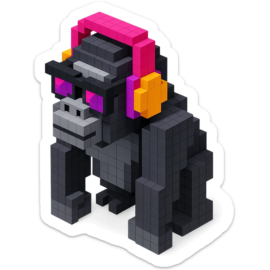 voxel style gorilla with sunglasses and headphones, isometric view sticker