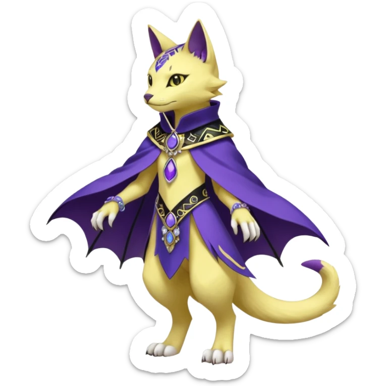 Kawaii cute Violet Yellow Black beautiful pretty elegant divine edgy feline-vernid-sergal-Fakémon-Pokémon-Digimon-fursona-animal-creature, full body, with intricate detailed markings, Embroidered capelet sticker