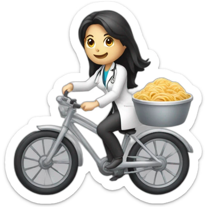 long and dark hair female doctor riding a shiny bicycle with a ramen bowl in her hand sticker
