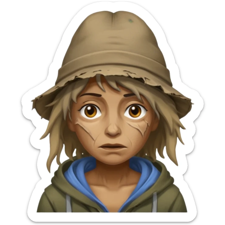 very dirty looking homeless woman with ripped hat with ugly hair sticker