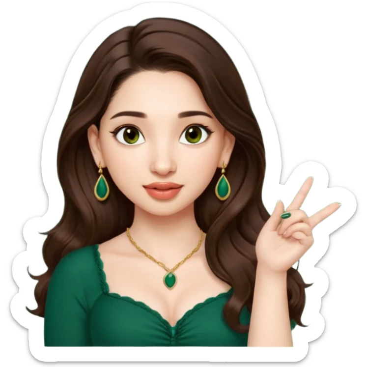 pretty bratz genmoji that looks like tamannah bhatia (bollywood actress), wearing a dark green sweetheart neckline top, dark brown hair, light makeup, no necklace, dangly earrings, SIDE hair part, fair. dark brown eyes, long hair

Show her licking her finger  sticker