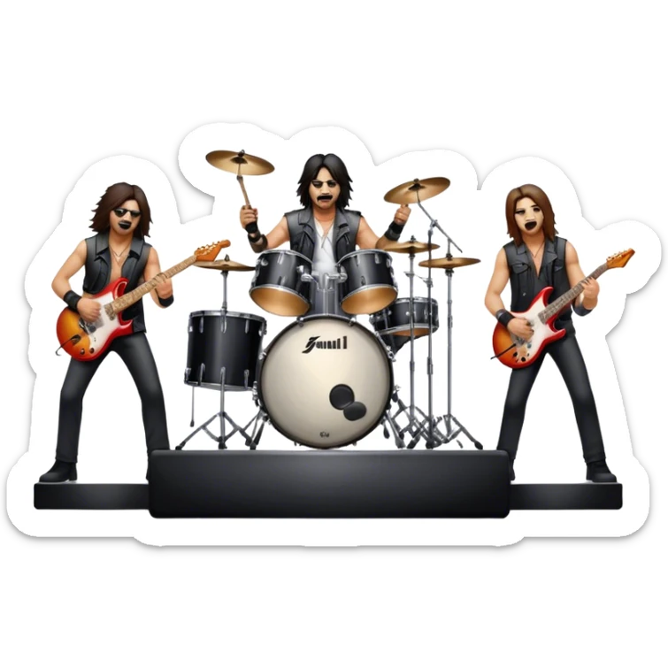 Icon for Heavy Metal Music: 4 men band on stage with electric guitars, drums and intense lighting. 3 guitarists and 1 drummer, surrounded by energy and stage effects, capturing the power and intensity of a metal concert. Transparent background. sticker
