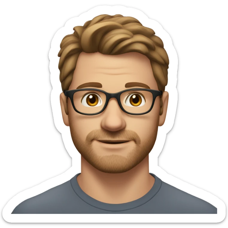 A head and shoulders shot of a 32 year old White man, with medium brown hair, with stubble facial hair,  wearing glasses with brown eyes wearing a t-shirt. sticker