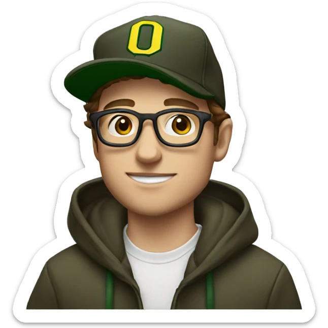 jeremy allen white with brown hair, glasses, and a university of Oregon baseball hat, and a hoodie sticker
