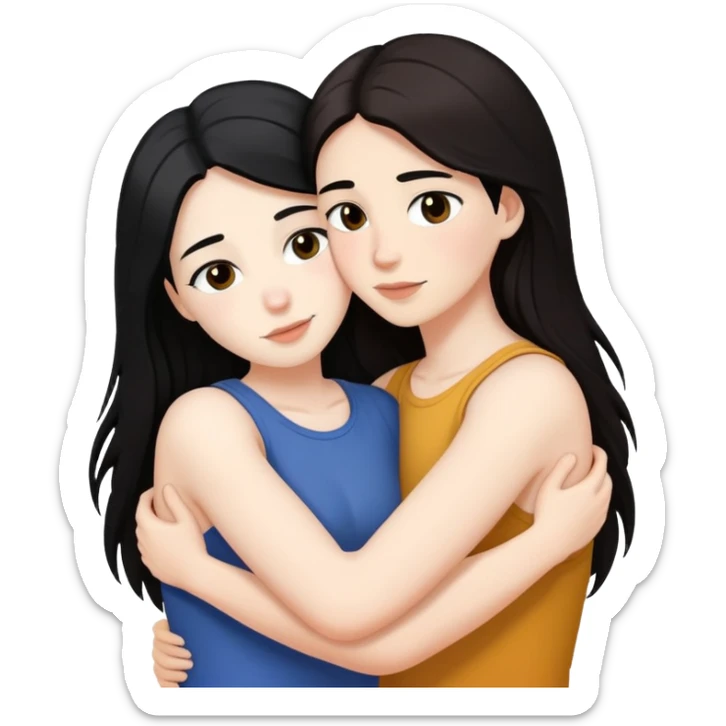 A lesbian couple with white skin and long black and brown hair hugging intimately sticker