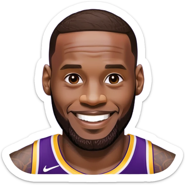 LeBron James face with a big smile and Lakers purple and gold colors sticker