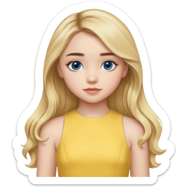Sabrina Carpenter blue eyes, long blonde hair, yellow a-line dress sticker