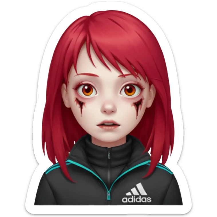 Crie um emoji de uma menina com bochecha gordinha com o cabelo vermelho longo com uma franja reta zumbi casaco de gola alta da adidas sticker
