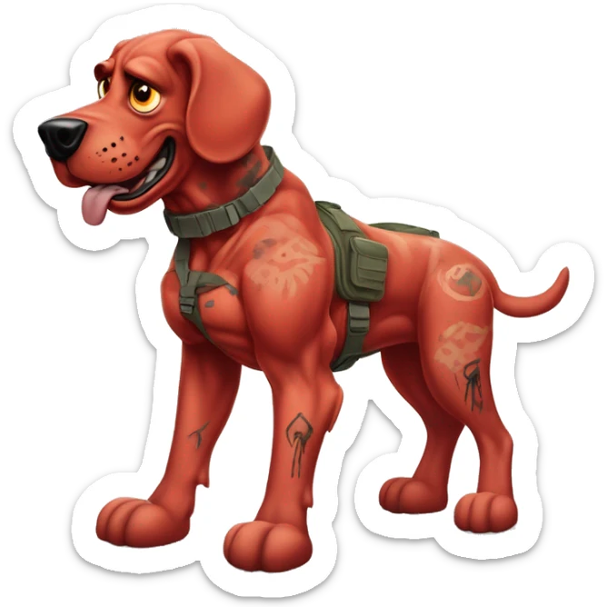 Desert storm humanoid Clifford the big red dog muscled with tattoos on arms book illustration as a military call of duty character standing alone sticker