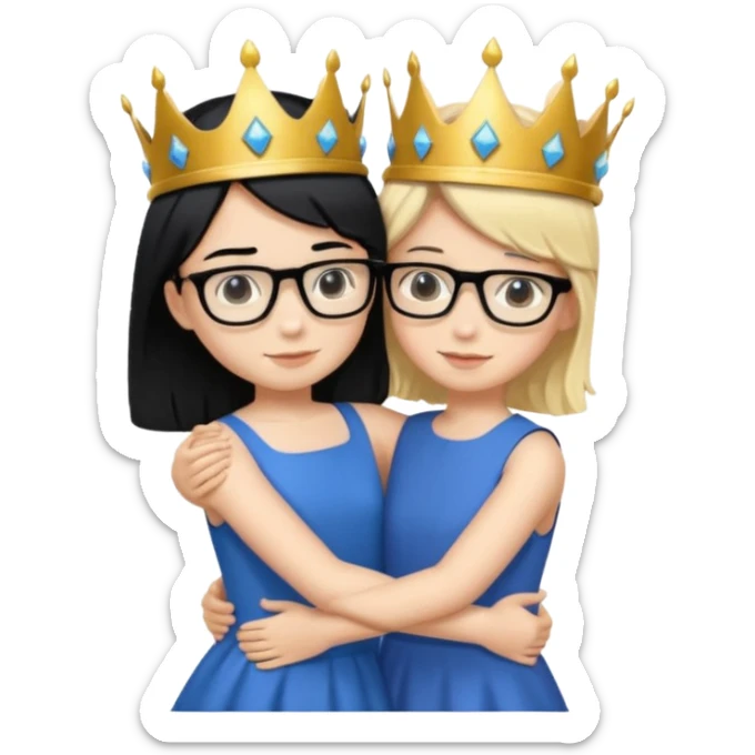 Boy in purple with black glasses and back hair hugging a blonde girl with a blue dress and gold crown sticker