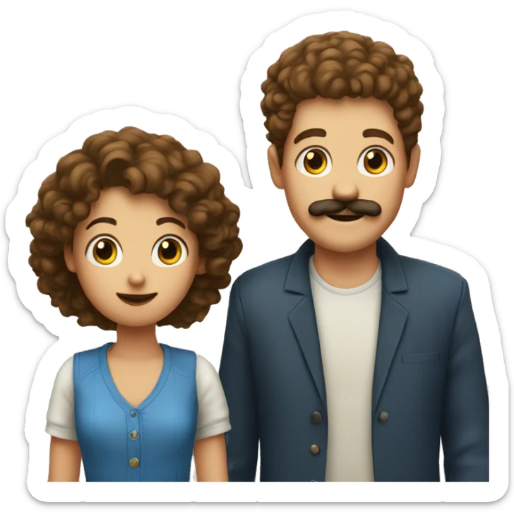 a girl and boy talking to a tall white guy with a mustache and brown curlly hair sticker