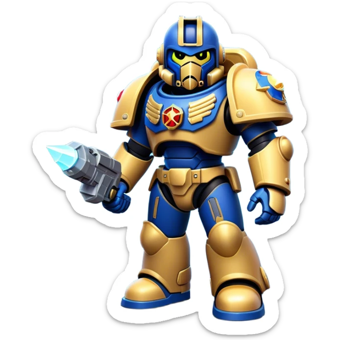 Clash of Clans aesthetic: Cinematic Playful Space Marine Hero Emoji, rendered in a 3D vector-style similar to standard emojis with minimal shading and bold, simplified shapes. A compact, heroic isometric figure clad in futuristic power armor with signature energy accents, softly glowing with a cosmic battle charm. Simplified yet unmistakably iconic, highly detailed and consistent, glowing with a soft radiant shine and high gloss. Stylized with a touch of interstellar valor and a soft glowing outline, capturing the essence of an elite space warrior with a friendly, playful manner! sticker