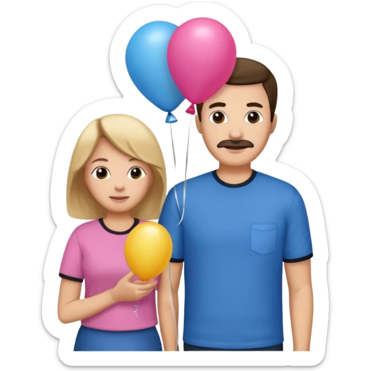 Mom in pink shirt dad in blue shirt holding 1 baloon black sticker