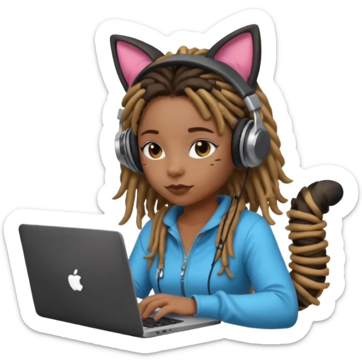 black girl with dreads who works remotely through a laptop with headphones that have plastic cat ears connected to the headphones.  sticker