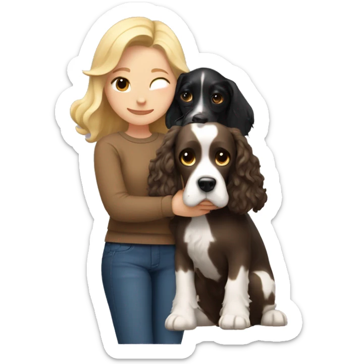 A blonde girl in a brown sweater hugs a black and white English Cocker Spaniel dog sticker