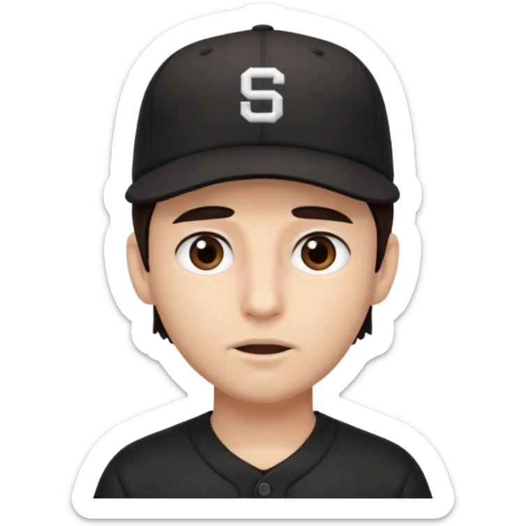 male, dark brown hair, dark brown eyes, fair skin, black baseball hat, no teeth sticker