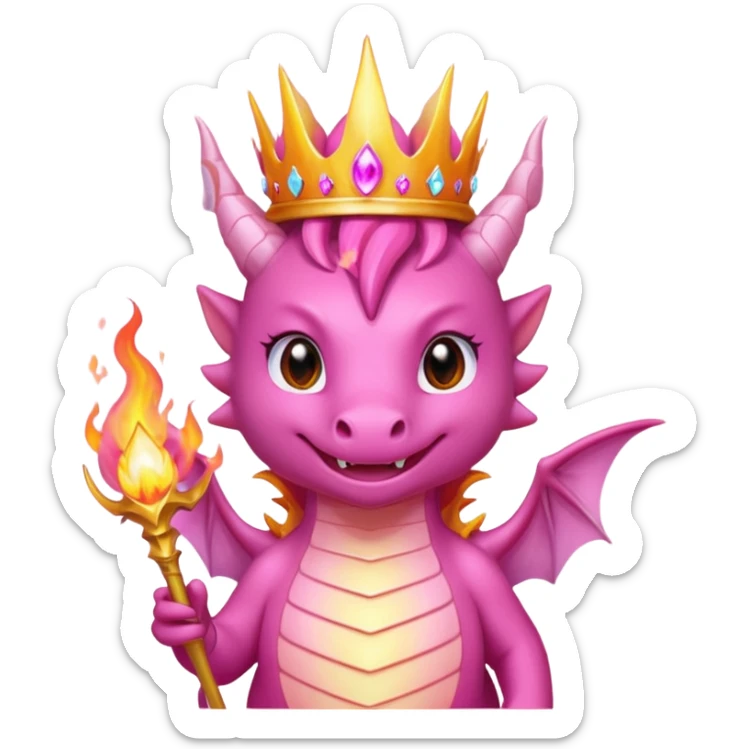 cute pink dragon queen with glowing magic flame in front of mouth, pink and orange energy flame, sparkling aura, crown, kawaii fantasy style, transparent background, twitch badge sticker