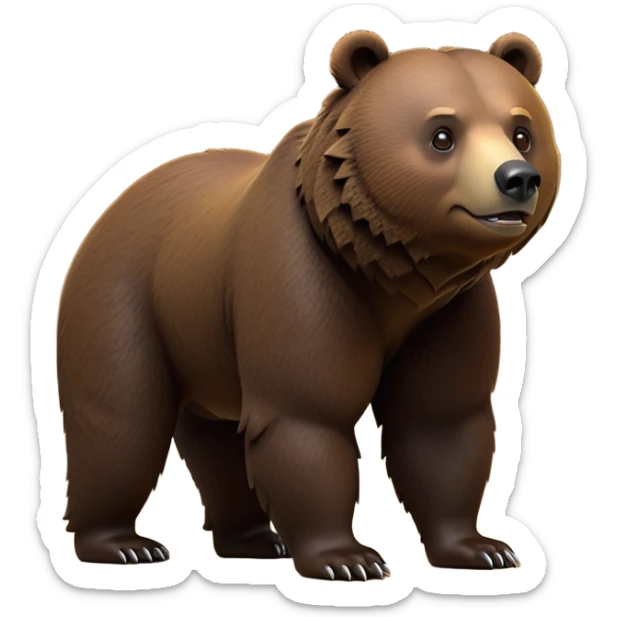 cinematic-[grizzly bear]-realistic-full-body-standing on all fours-emoji,-tail-tucked-close,-head-tilted-dramatically,-thick-[dark brown]-fur,-simplified-yet-realistic-focused-features,-highly-detailed,-glowing-with-an-almost-sarcastic-glow sticker