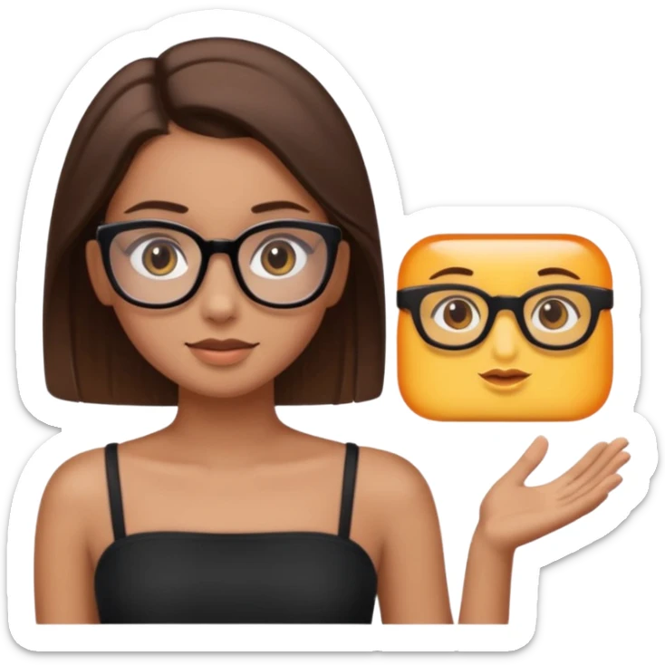 Imagine a pretty girl with slightly light brown skin with big brown eyes and glasses. She has straight brown hair in a slick back and is wearing a black tube top sticker
