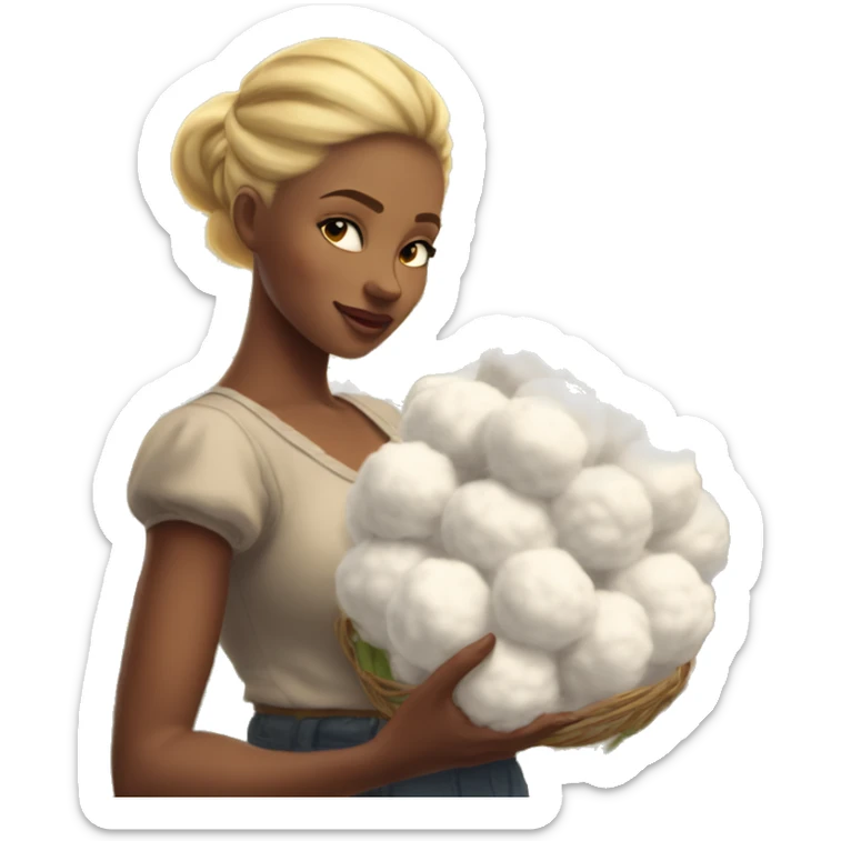 Down to earth, beautiful, southern woman, standing in a cotton field with blonde hair pulled up in a bun, bending at the waist to intimately pick up a piece of cotton sticker