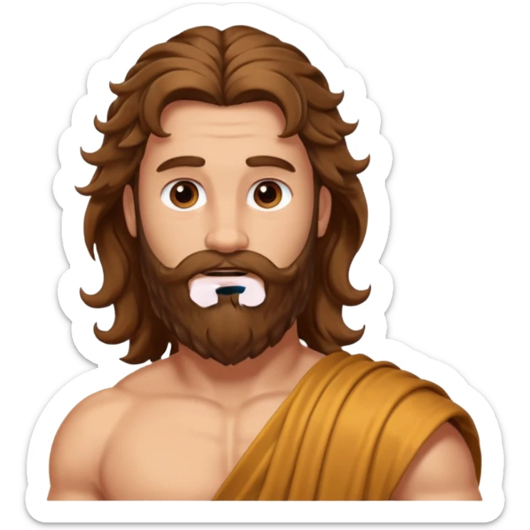 Hercules from The Olympians with long brown wavy hair and beard, bronze toga sticker