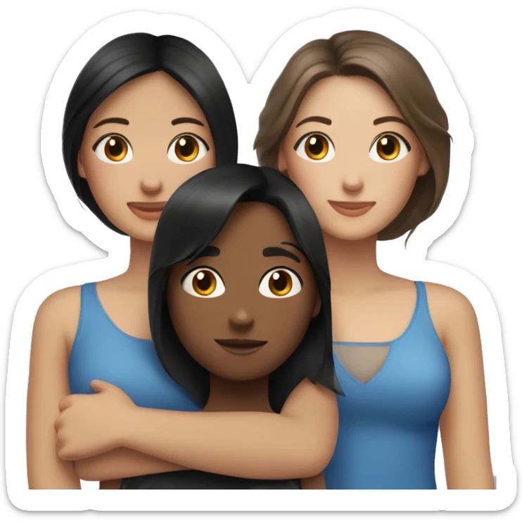Two girlfriends hug, one with black hair and blue eyes, the other with brown hair and brown eyes sticker