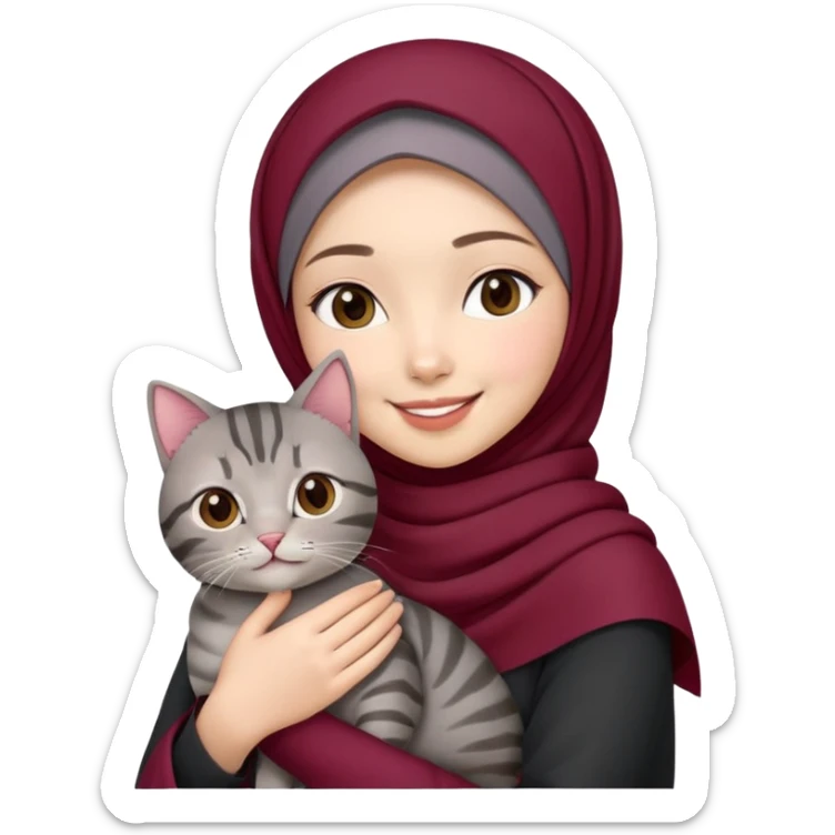 Asian white girl wearing cute maroon hijab holding a black grey tabby cat while smiling sticker