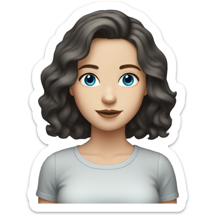Brunette white girl with blue-grey eyes and medium length wavy hair in a black shirt sticker