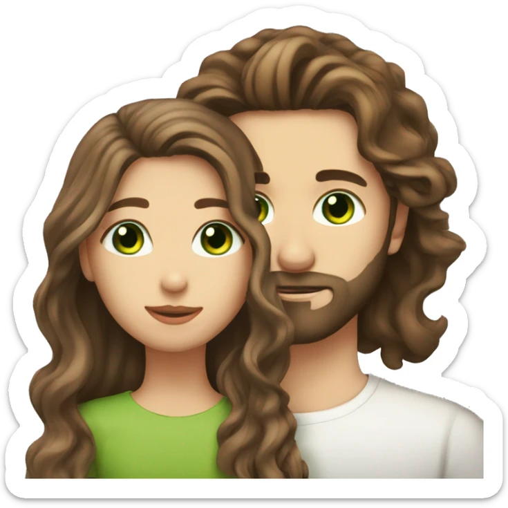 Girl with brown long wavy hair and green eyes kissing man with brown hair and beard with brown eyes sticker