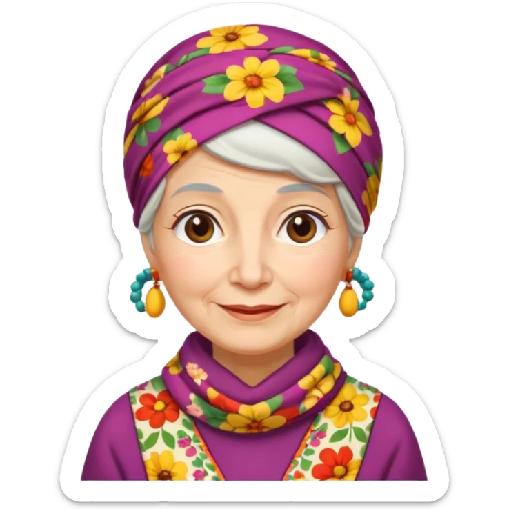 A kind old Russian village grandmother emoji — elderly woman wearing a bright floral headscarf tied under her chin, colorful patterned dress, warm smile, simple rural look. Flat minimal emoji style, clean Apple-like design. sticker