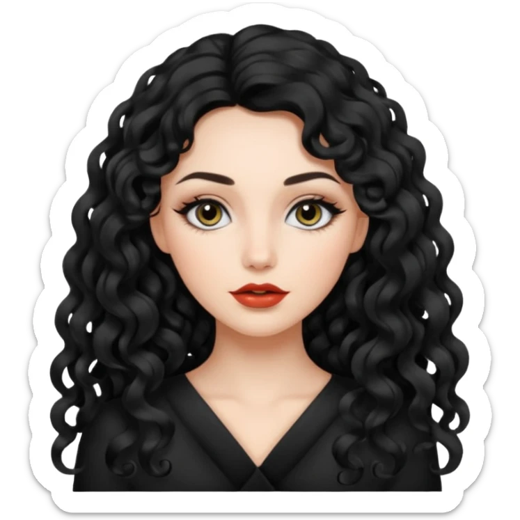 persona mujer con piel clara y rizos suaves color negro y largos  y sin volumen y con delineador en los ojos sticker