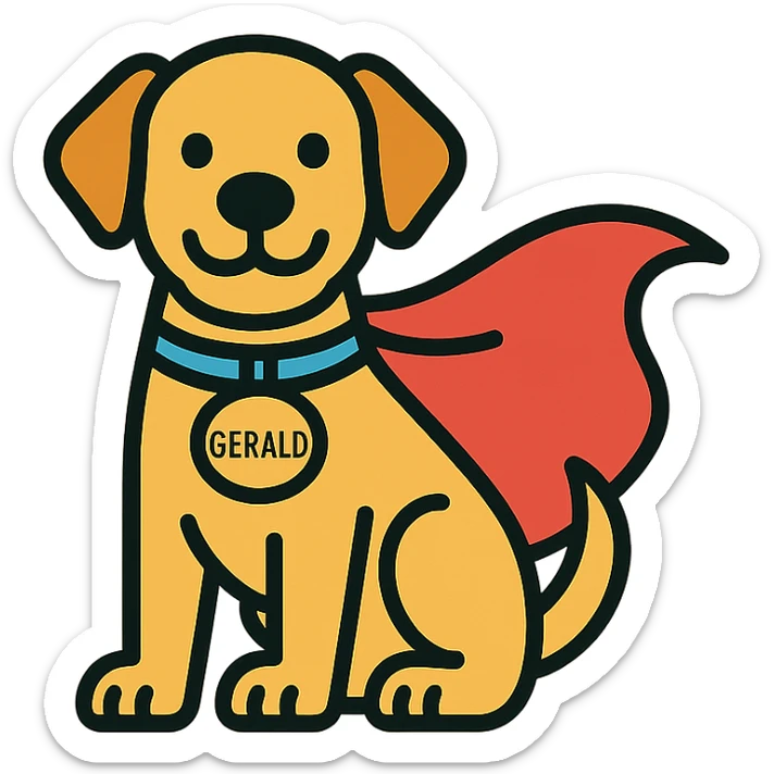 playful dog named Gerald wearing a superhero cape colorful outlined icon style sticker
