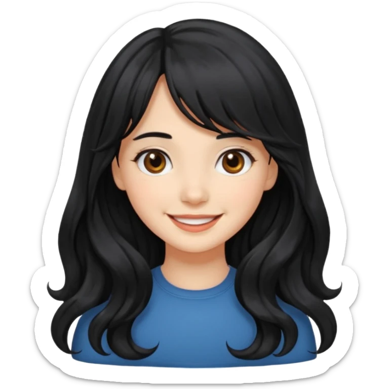 Please generate a portrait of a pretty girl with long, wavy, black hair. She's smiling. She also wears a middle parting and bangs. sticker