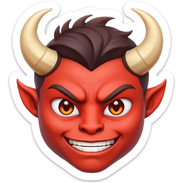 Demon cartoon emoji character, head and shoulders included (chest-up crop), centered face, confident and edgy expression, sharp eyes, subtle smirk, small curved horns, clean stylized face, not cute, not scary, modern emoji-style illustration, bold colors, smooth shading, high readability sticker