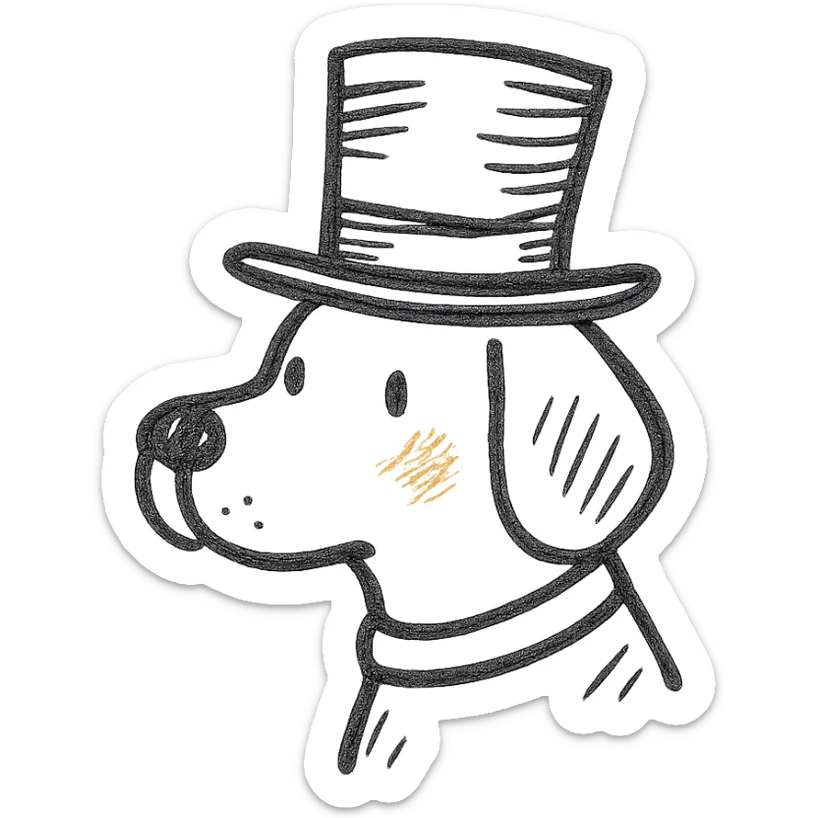 dog in a tophat, color outlined icon style, black outlines with subtle color accents sticker