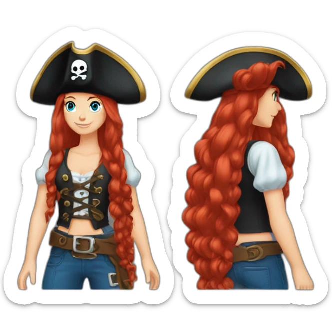 Woman long red hair on one side in a platt.pirate hat. One side of head has no hair. Blue eyes. skull and crossbones t shirt sticker