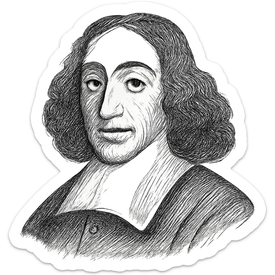 Enhance the Spinoza black outline icon with highly detailed and refined facial features, long curly hair, and a 17th-century collar. Maintain the hand-drawn black outline style with no fill. Ensure the eyes are even and natural, preserving the original style's delicate line work and transparency. sticker