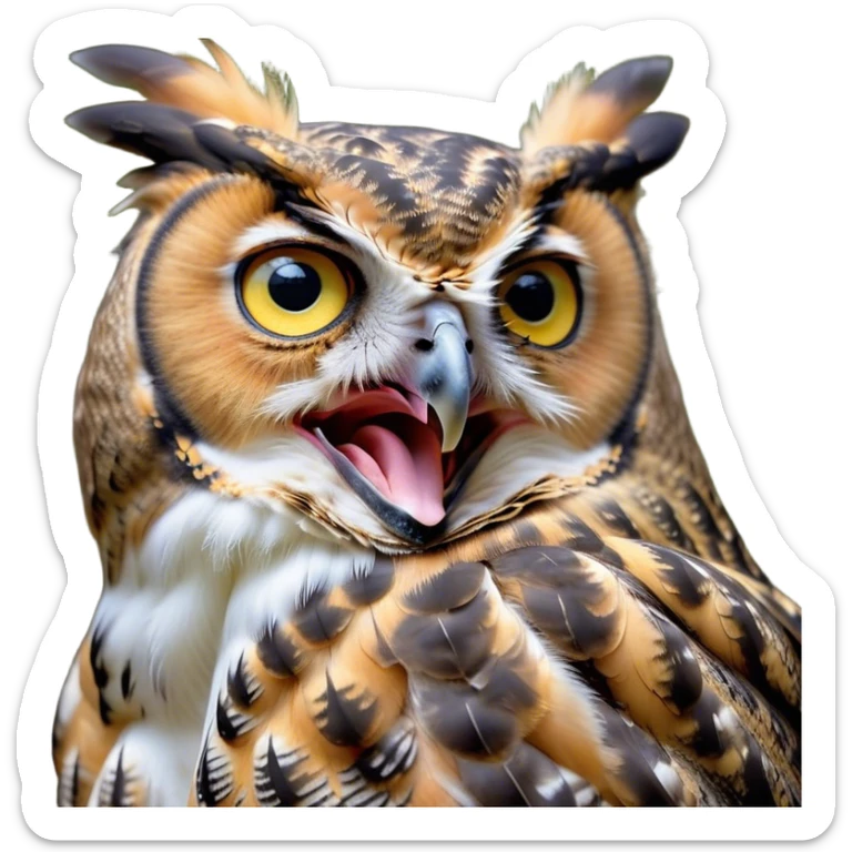 Cinematic Cute Yawning Great Horned Owl Portrait Emoji, Head tilted slightly with a dramatic, wide-open yawn, showcasing a soft, downy mottled plumage with gently drooping feathers, round golden eyes barely open in drowsy contentment, Simplified yet irresistibly adorable features, highly detailed, glowing with a soft, cozy glow, high shine, relaxed yet expressive, stylized with a touch of nocturnal whimsy, bright and endearing, soft glowing outline, capturing the essence of a sleepy yet affectionate owl, so drowsy it feels like it could glide out of the screen and curl up for a nap! sticker