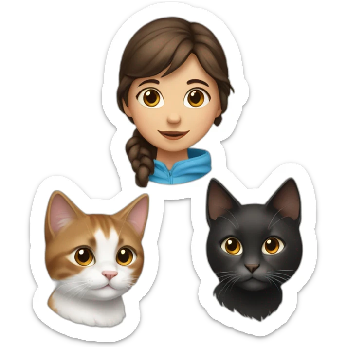 a young girl with brown hair and with two cats, one black and the other snowshoe sticker