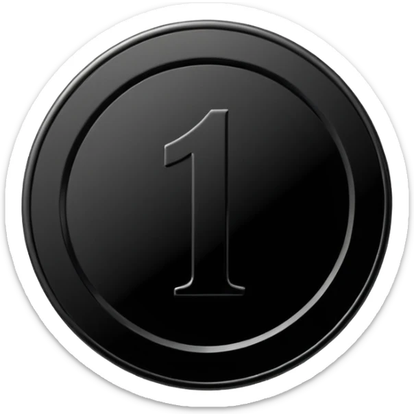 Emoji icon of a black coin with engraved number 1, minimalist style, isolated sticker