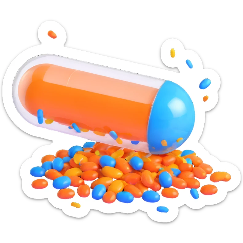 celebration emoji with a glossy orange and blue medical capsule split in half with shiny, multicolored confetti exploding out, capsule floating, confetti dynamic, playful, high-quality 3D style sticker